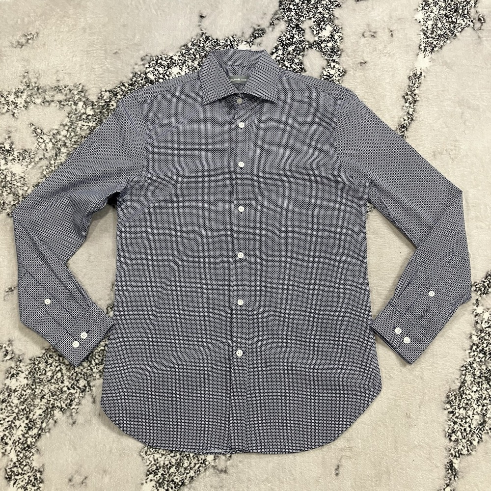 Michael Kors Dress Shirt Mens Size 15 32/33 Slim Fit Blue Geometric Button Up